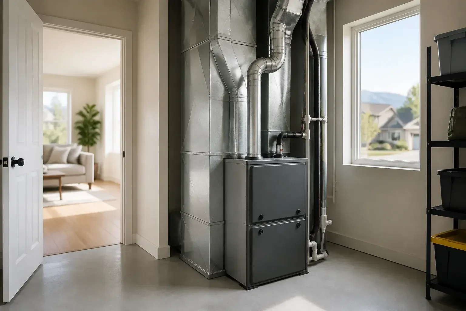 Finished furnace and ductwork in a clean mechanical room