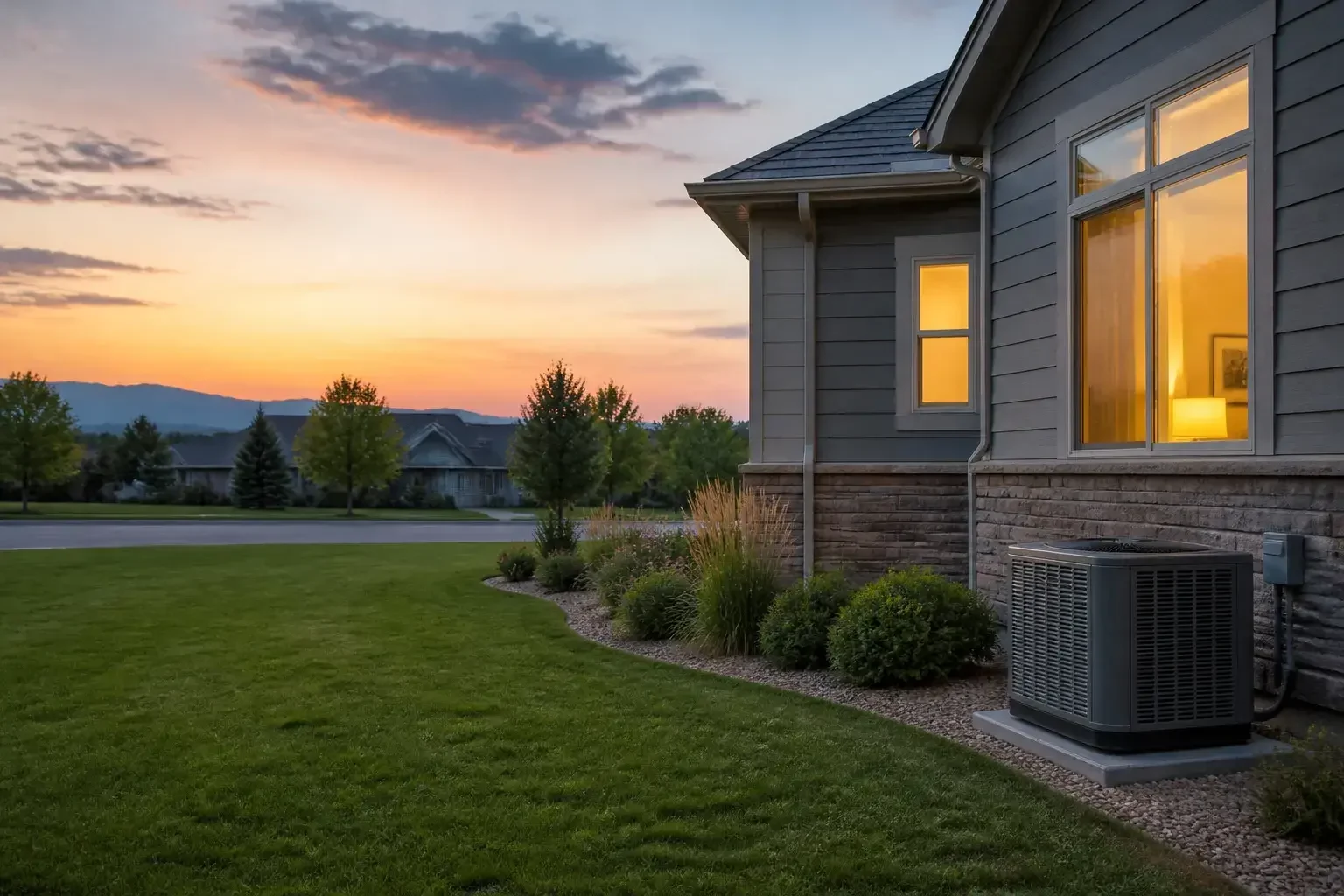 Quiet home exterior with a new AC condenser at dusk