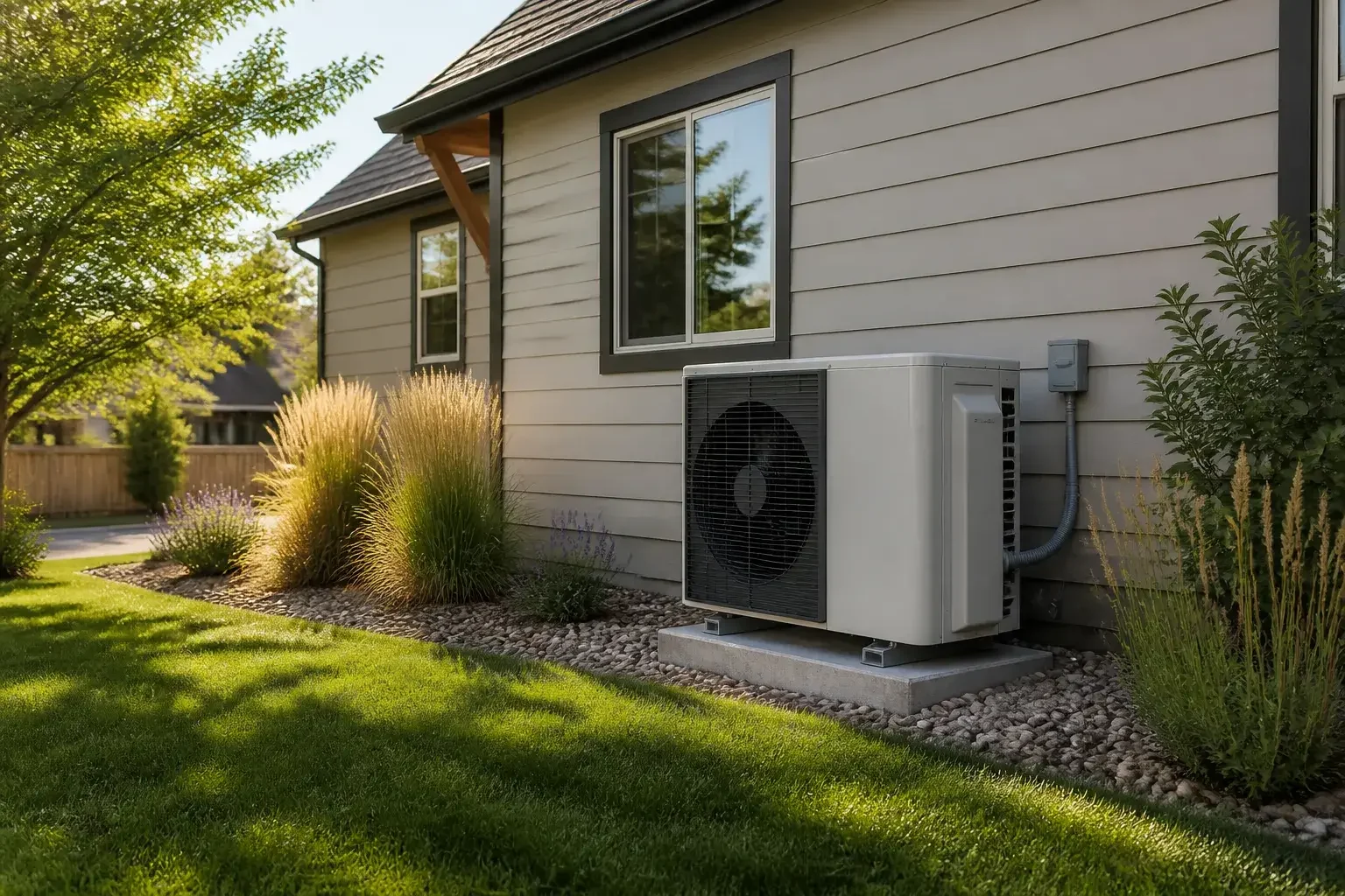 Heat pump beside a tidy suburban Colorado home