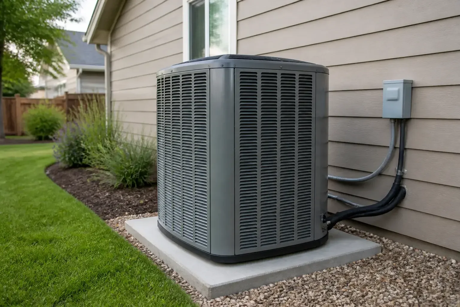 New AC condenser installed beside a home