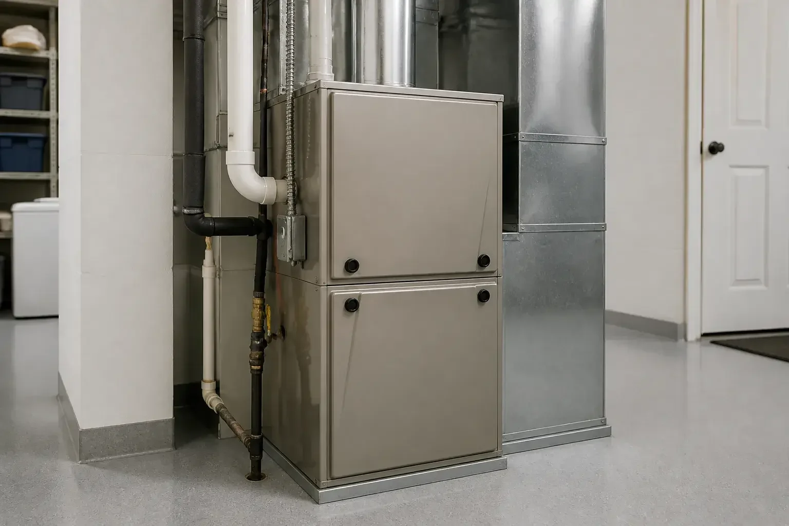 Restored furnace cabinet in a clean utility room