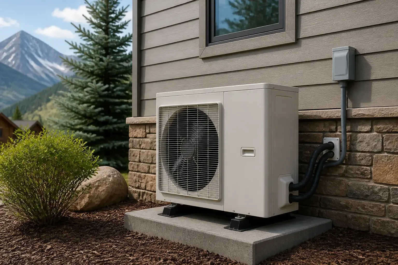 Heat pump installed beside a home exterior