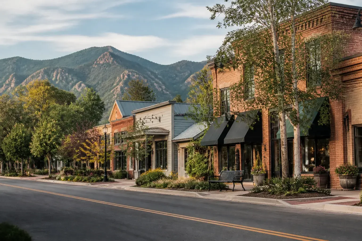 Quiet Niwot village street with small-town character