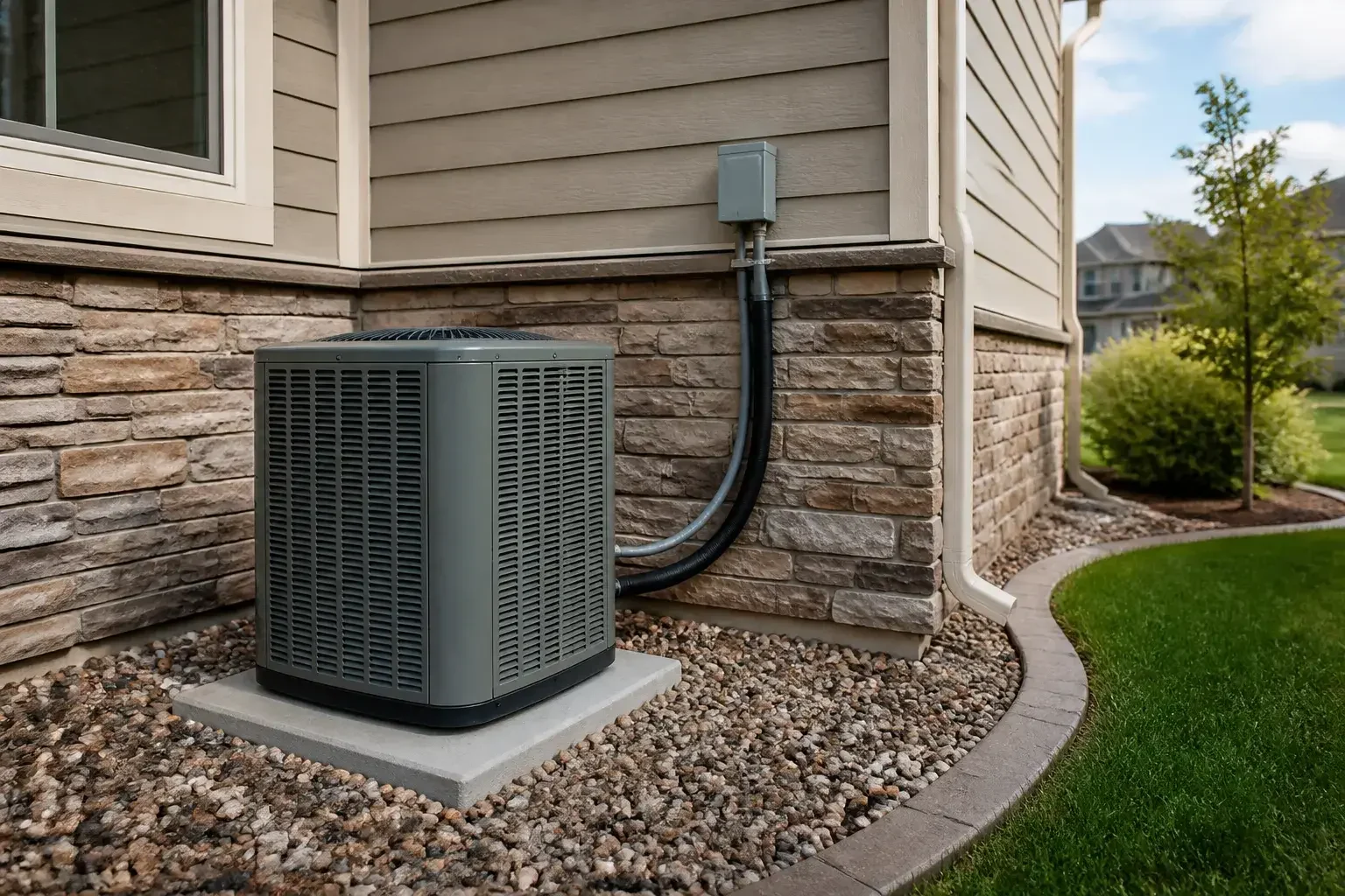 Finished AC condenser installation beside a home