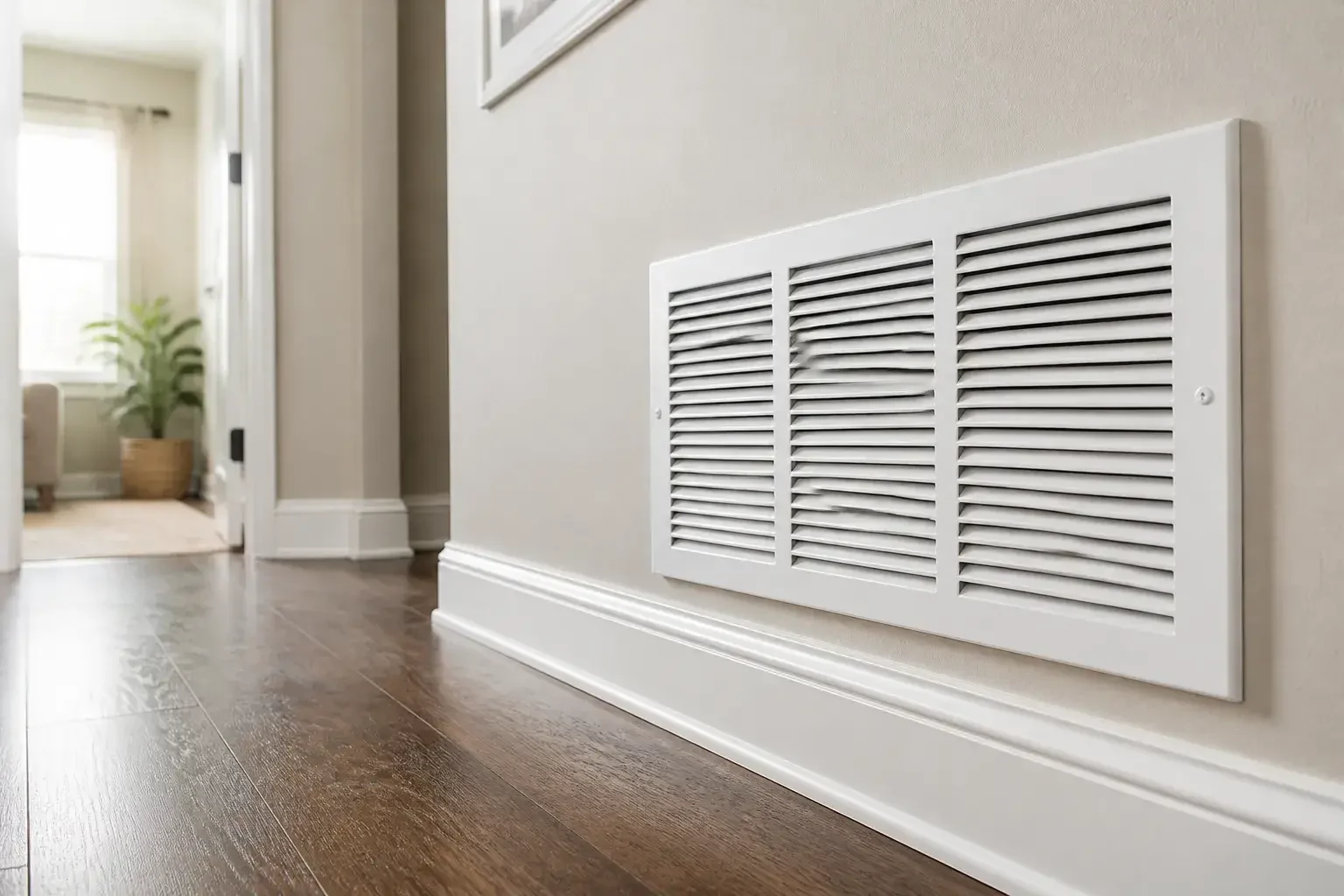 Clean vent grille in a tidy residential hallway